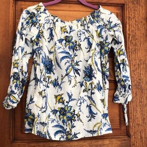 LOFT off the shoulder blue and yellow print top